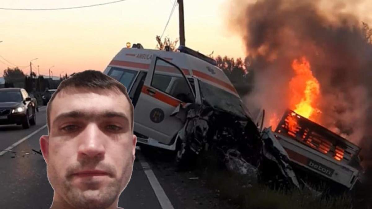 Accidentul de la Satu Mare. O ambulanță este puternic avariată, iar o camionetă arde în flăcări.