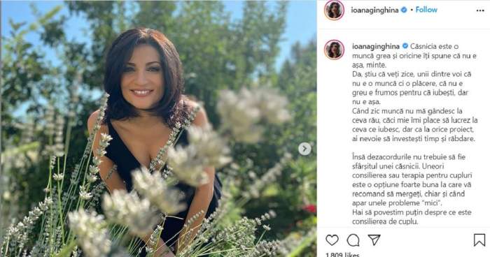 Ioana Ginghină a postat o fotogafie pe Instagram, alături de care a scris un mesaj legat de fericirea în cuplu și cum funcționează o căsnicie