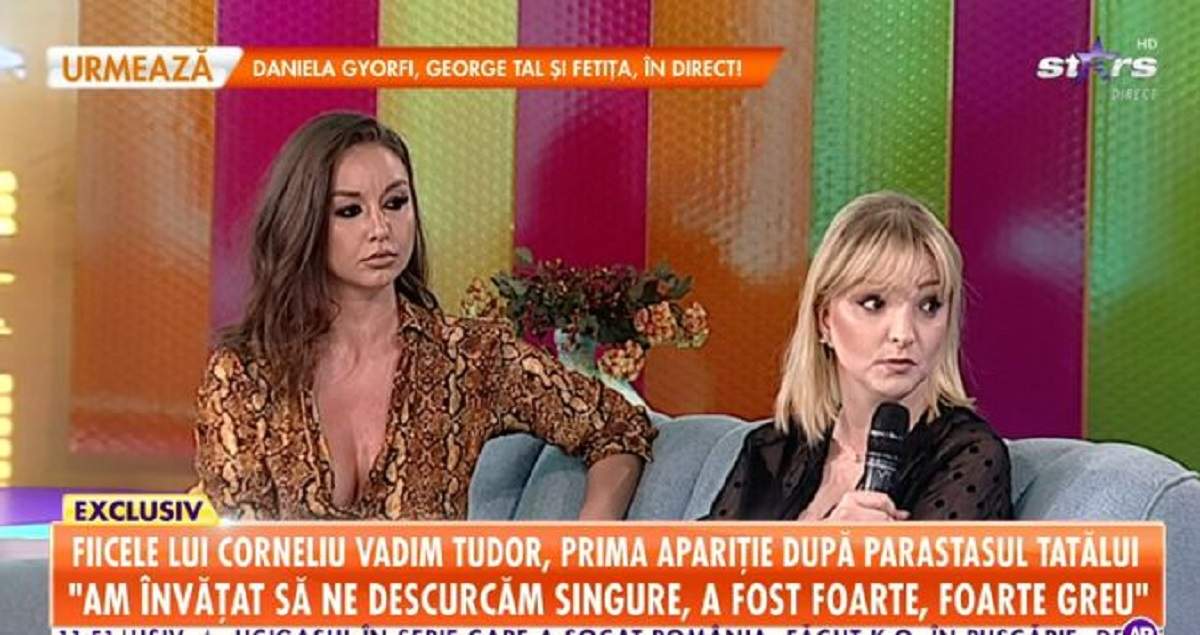 Fiicele lui Vadim Tudor pe canapeaua de la „Star Matinal”. În stânga este Eugenia, iar în dreapta Lidia. Cea din urmă vorbește la microfon.