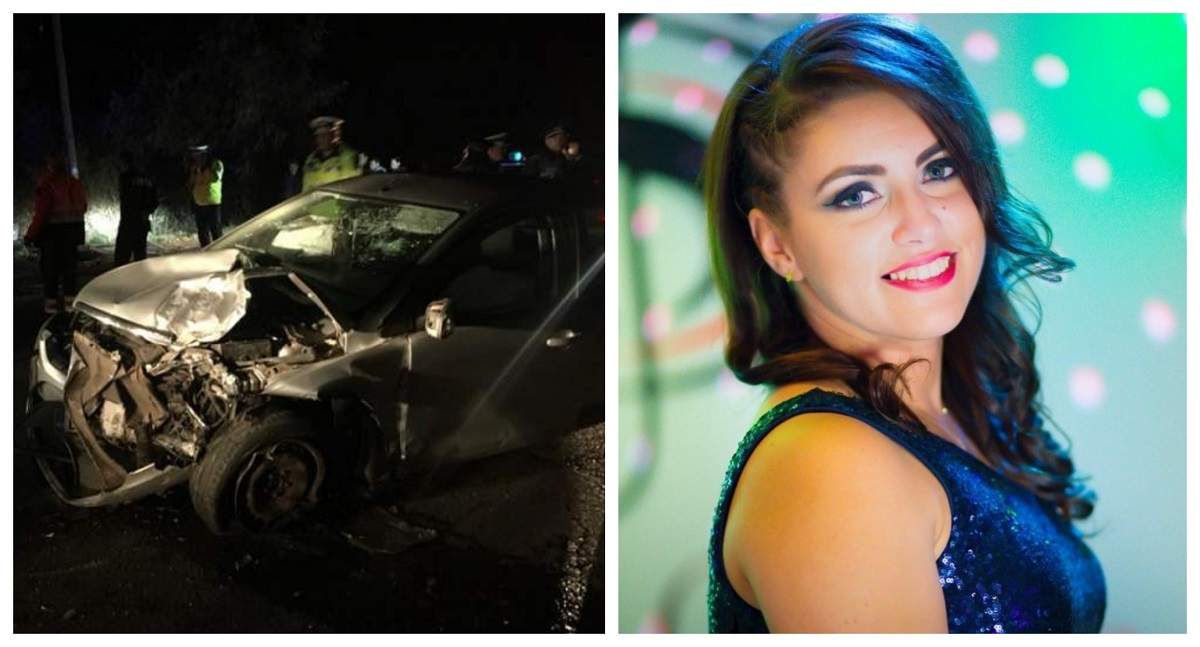 În stânga este imagine cu mașina făcută bucăți în urma accidentului, iar îndreapta este Dana Cușnir, la un eveniment