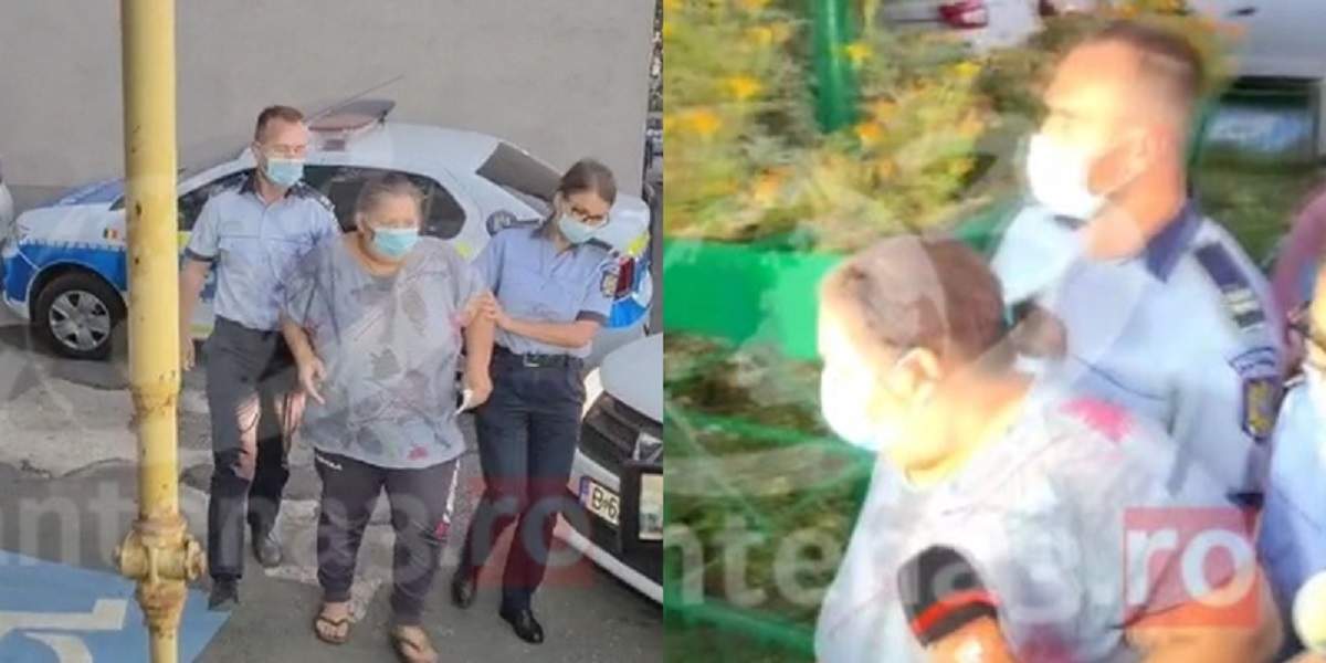 Mama care și-a bătut fiica de 3 ani este dusă de polițiști la audieri. Femeia poartă mască de protecție.