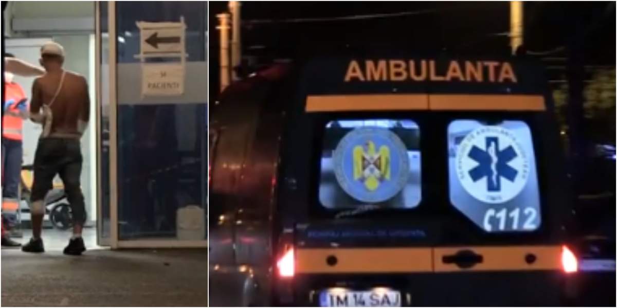 În imagine se vede tânărul înjunghiat care a ajuns la spital, dar și salvarea care a intervenit