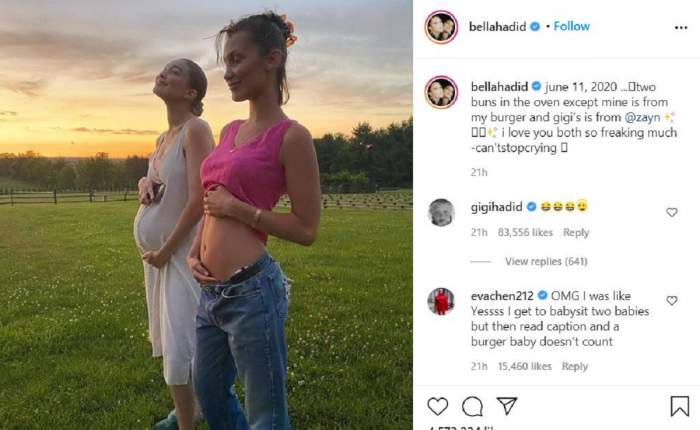 Bella Hadid își arată burtica, într-o fotografie alături de sora ei însărcinată, Gigi Hadid