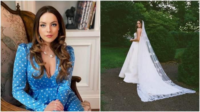 Elizabeth Gillies într-o rochie albastră și în rochie de mireasă, în ziua nunții