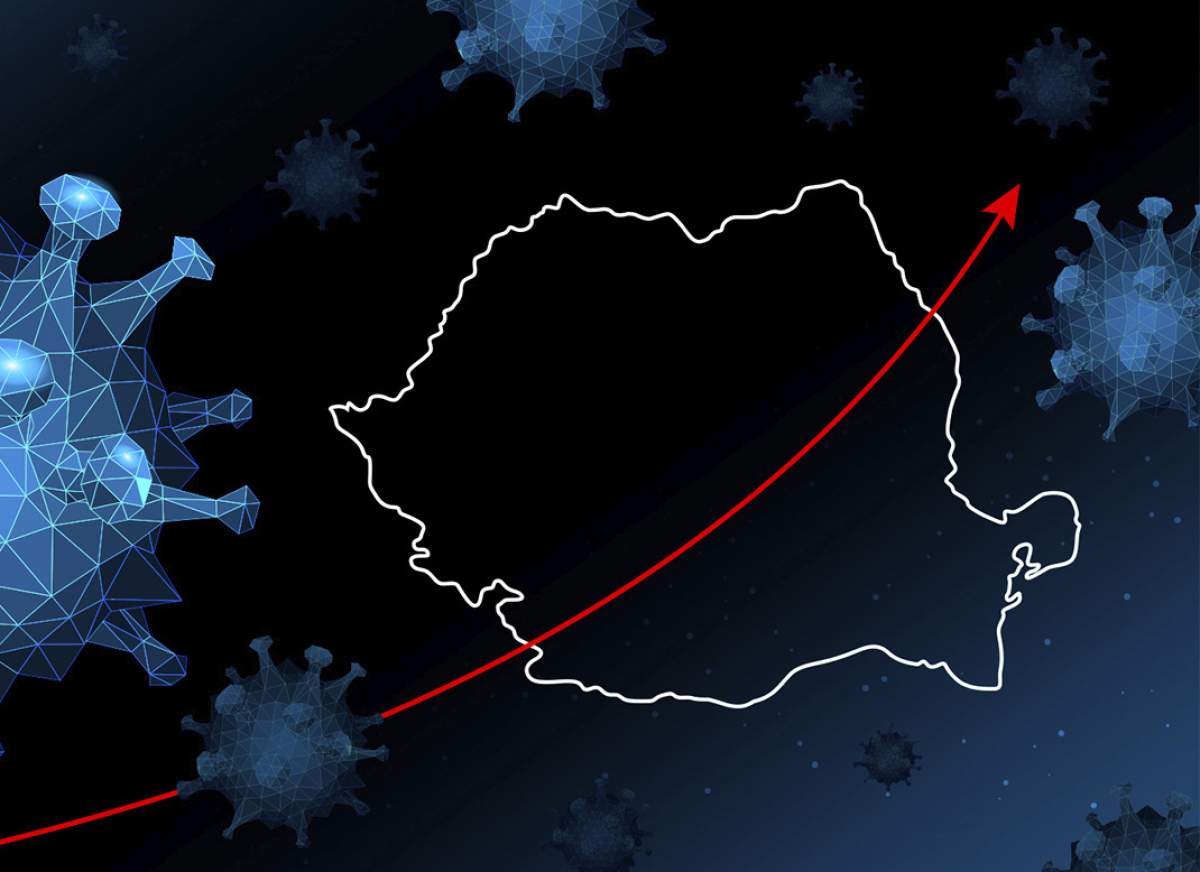 Hartă a României, simboluri de virus și o săgeată care indică o creștere