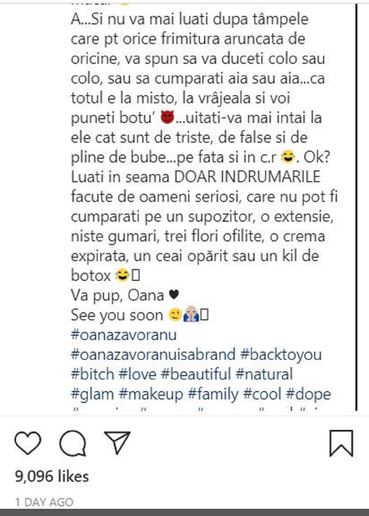 Oana Zăvoranu a publicat un selfie, iar la descrie oferă un răspuns acuzațiilor