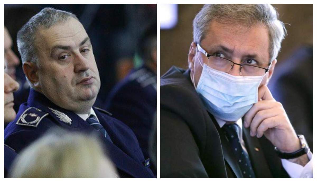 Liviu Vasilescu privește spre cineva din sală, iar Marcel Vela poartă mască de protecție