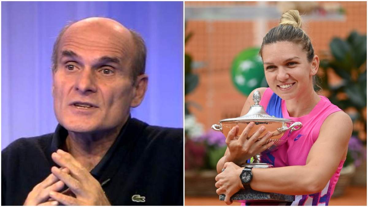 Cristian Tudor Popescu, captură de la Digi24, și Simona Halep cu premiul de la Turneul de la Roma, 21 septembrie 2020