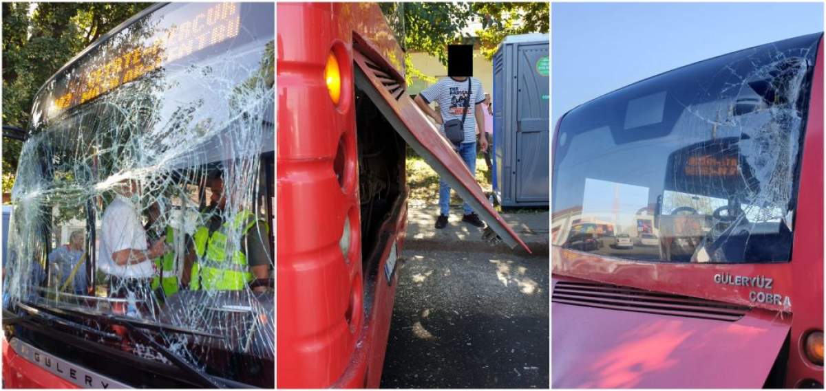 Imagini de la locul unde un șofer a fost prins între două autobuze