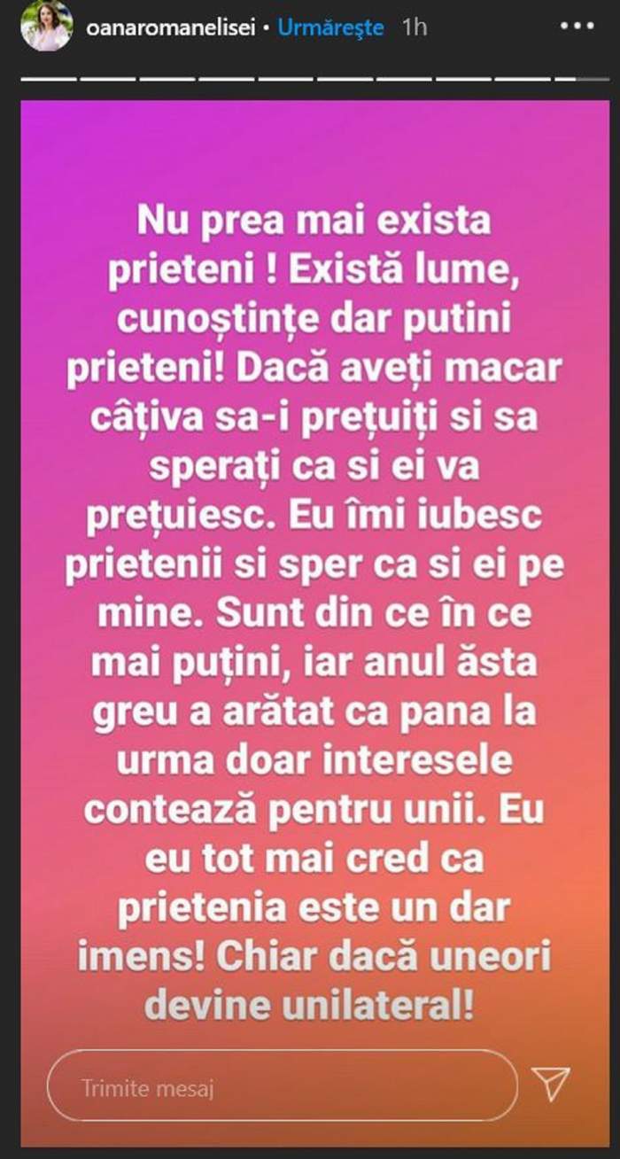 Oana Roman a postat un mesaj legat de prieteni pe Instagram