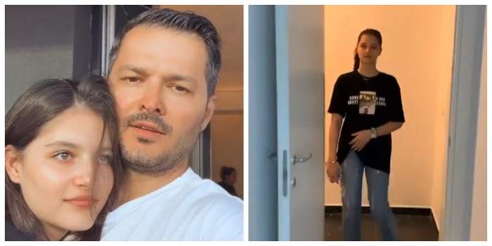 Liviu Vârciu își ține în brațe fiica. Carmina e îmbrăcată cu blugi și tricou negru, iar el în tricou alb