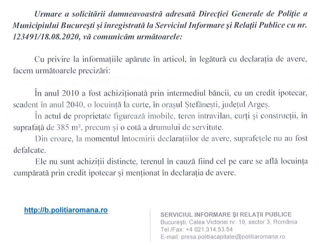 Șeful Poliției Capitalei recunoaște că a greșit / Document exclusiv