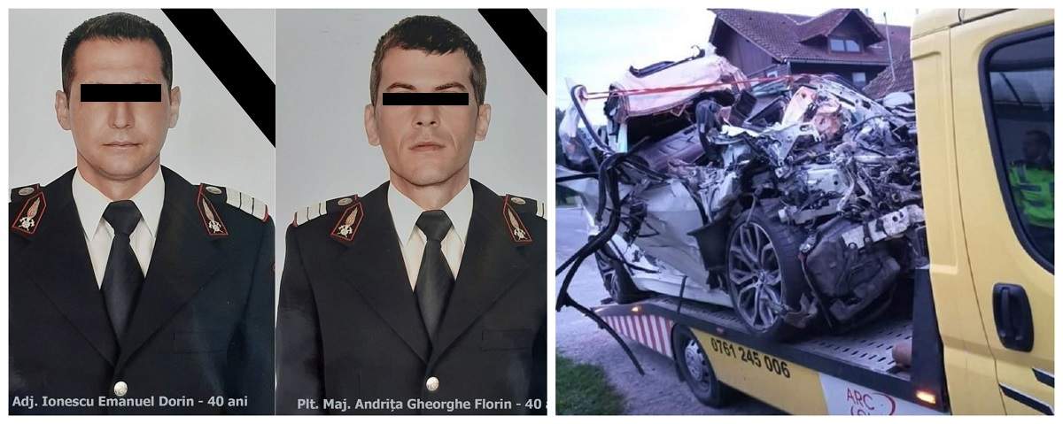 În stânga sunt pompierii morți, Emanuel și Florin, în dreapta este mașina devastată în accident