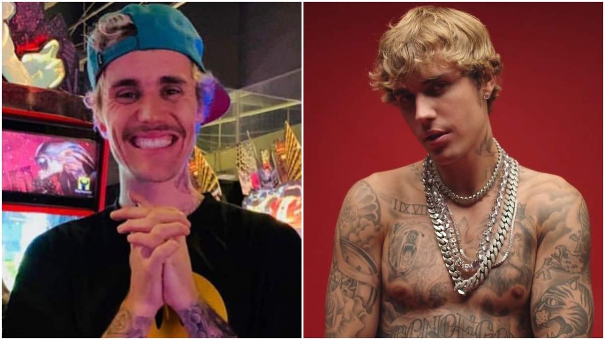În stânga, Justin Bieber înainte, cu păr blond și mustață, vizibil slăbit. În dreapta, Justin Bieber în noul clip al lui DJ Khaled, 4 septembrie 2020