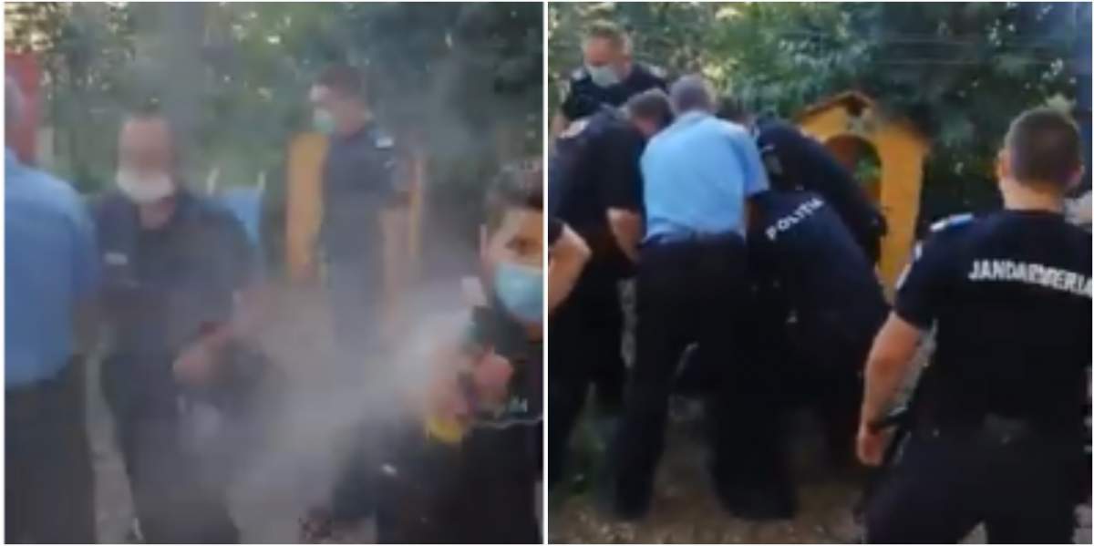 Polițiștii au încătușat un bărbat, apoi au pulverizat spray lacrimogen spre vecinii acestuia care filmau scena
