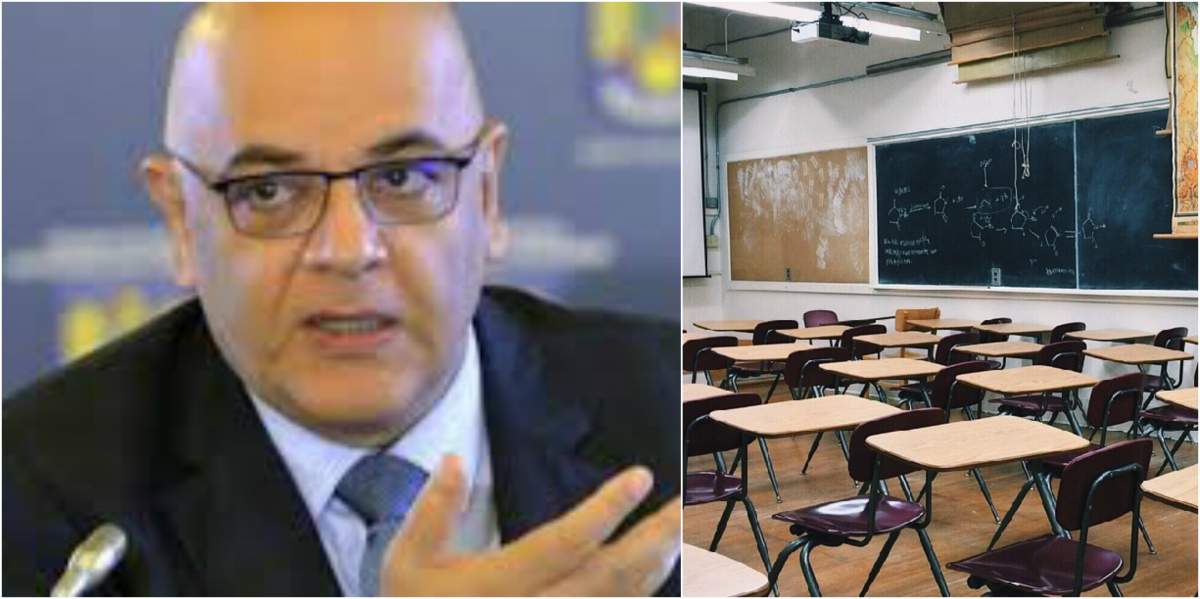 Poză cu Raed Arafat în partea stângă, iar în partea dreaptă se află o imagine cu o sală de curs goală