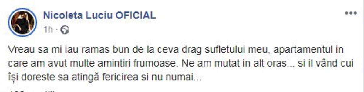 Anunțul postat de Nicoleta Luciu cu privire la faptul că își vinde apartamentul.