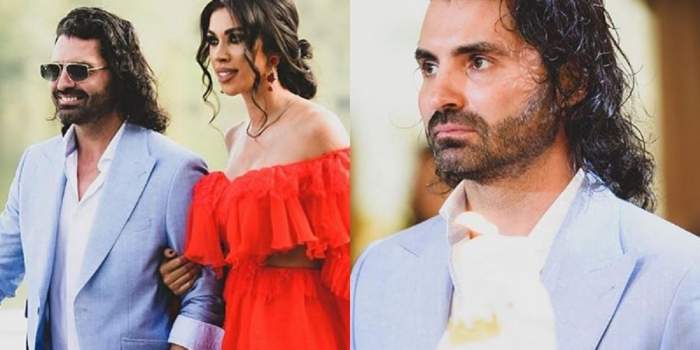 Raluca și Pepe au fost nași de botez în weekend pentru fiica lui Alexander Florescu. Ea poartă o rochie roșie, iar artistul un costum bleu.