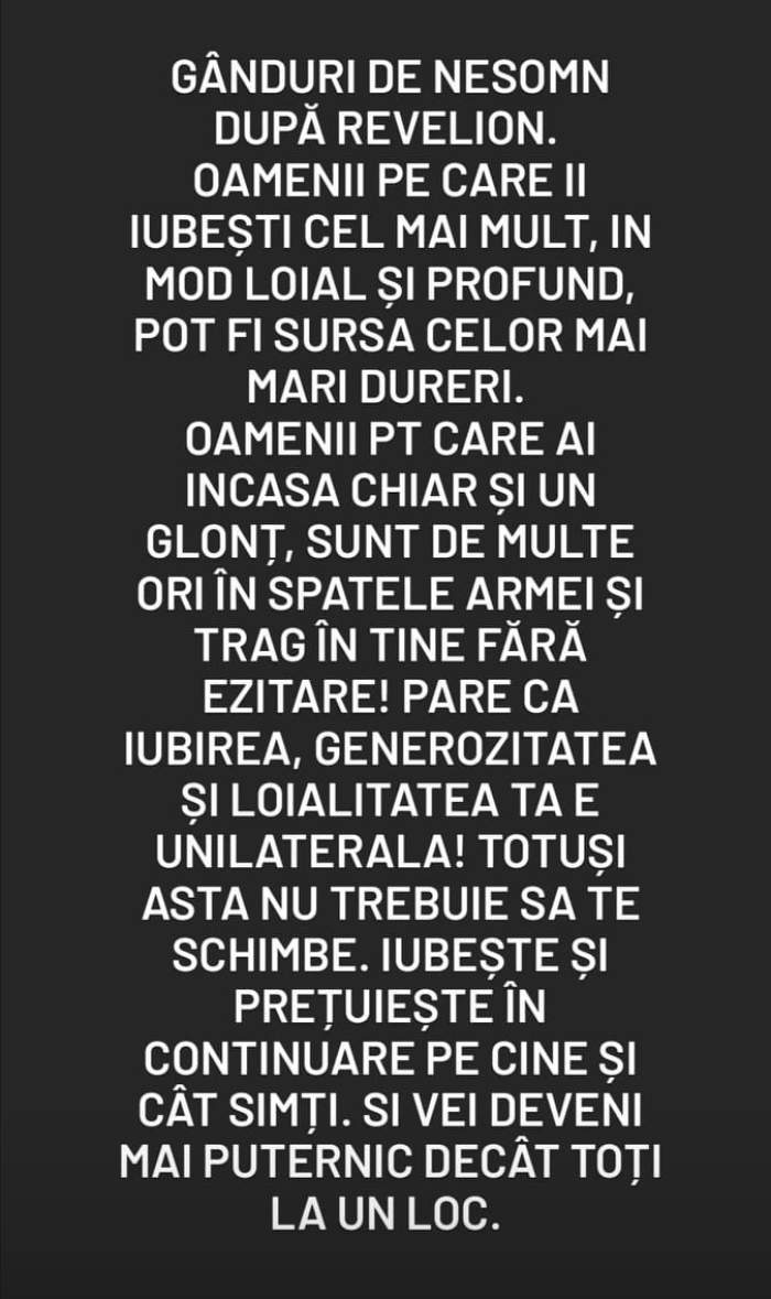 Oana Roman începe 2021 cu un mesaj cu subînțeles și dezamăgitor pentru Marius Elisei: „Oamenii pe care îi iubești pot fi sursa durerii” / FOTO