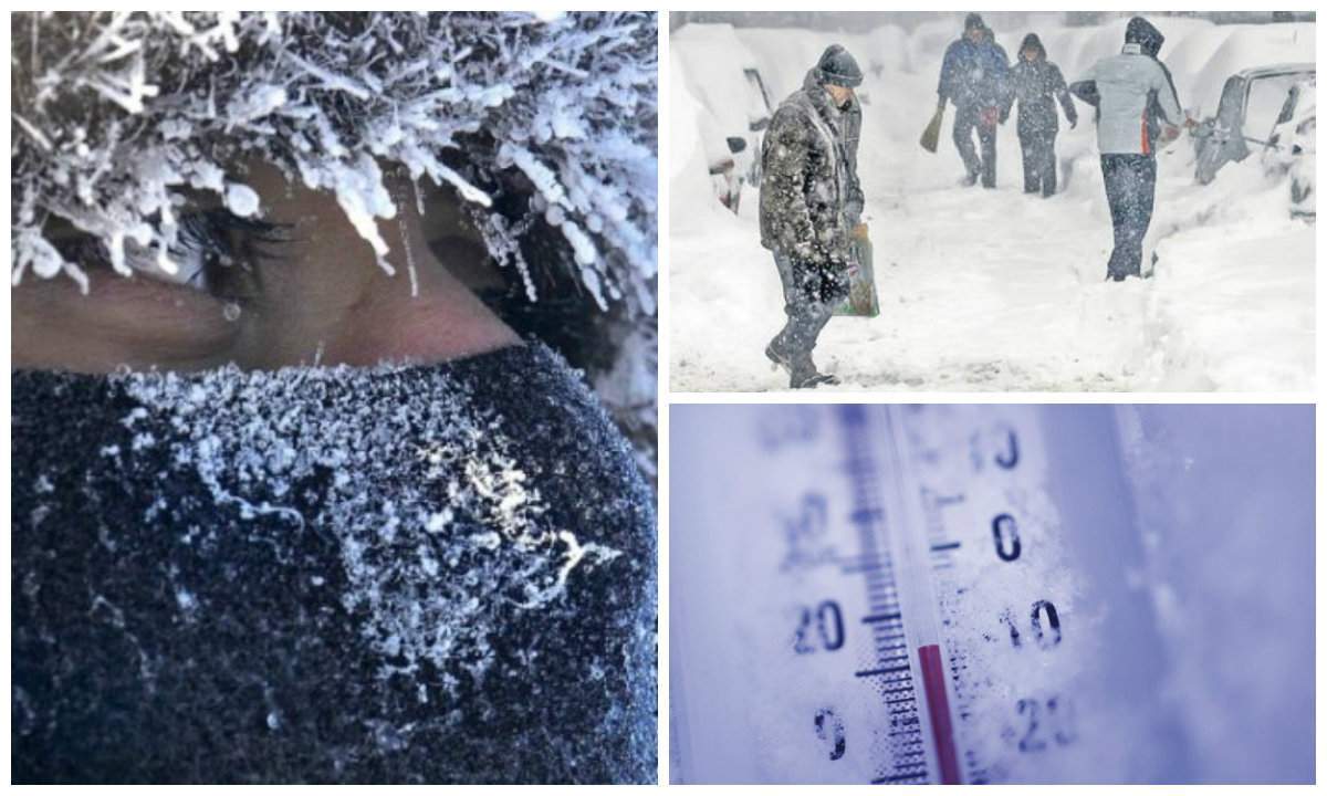 Colaj foto cu un termometru și oameni care merg prin zăpadă