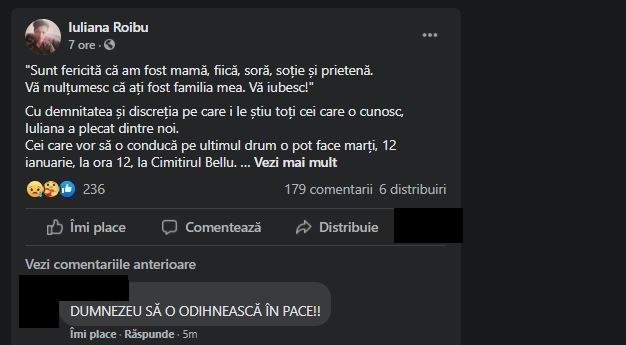 Captură cu mesajul postat pe contul de Facebook.