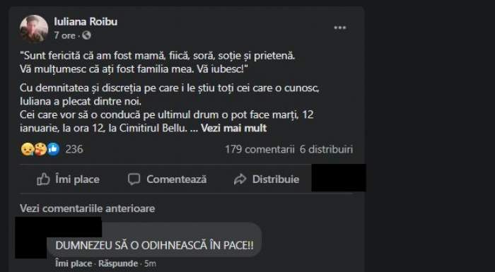 Captură cu mesajul postat pe contul de Facebook.