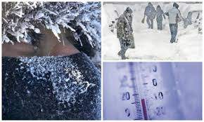 Colaj foto cu vremea rece de iarnă: termometre și oameni zgribuliți de frig
