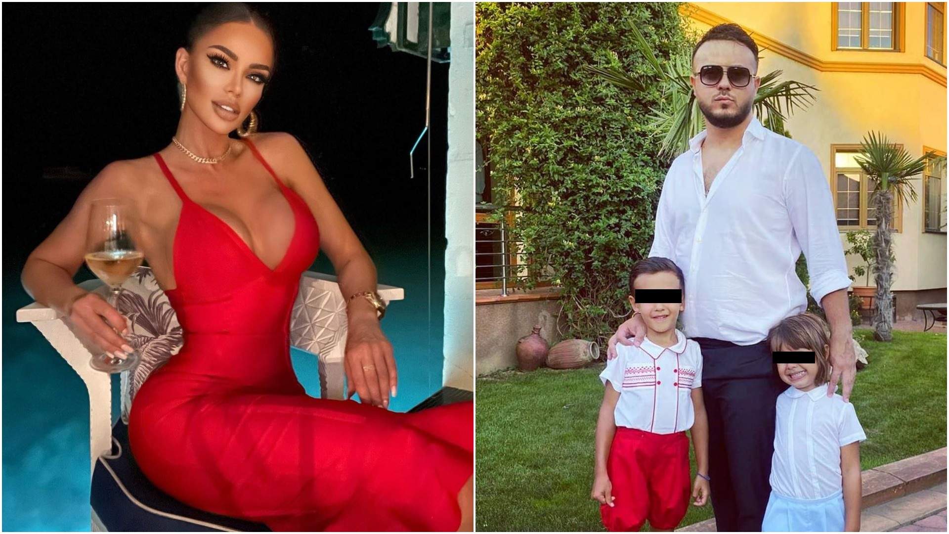 Colaj cu Bianca Drăgușanu în rochie roșie/ Gabi Bădălău și copiii.