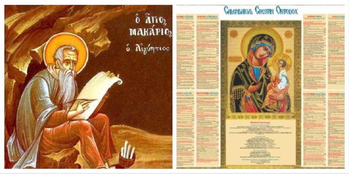 Calendar ortodox pentru ziua de marți, 19 ianuarie! Un colaj cu o icoană cu Sfântul Macarie Egipteanul și calendarul ortodox.