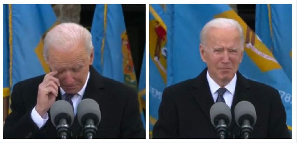Un colaj cu Joe Biden care-și șterge lacrimile în timpul discursului din Delaware. Acesta purta un costum negru și cămașă albă.