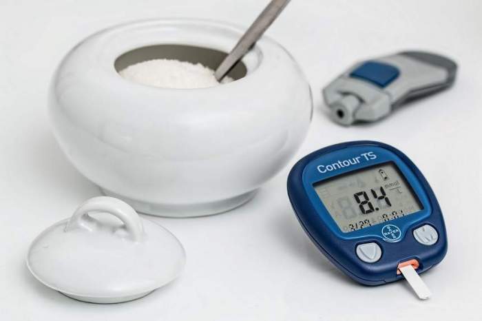 Un bol cu zahăr și aparatul de măsurat glicemia