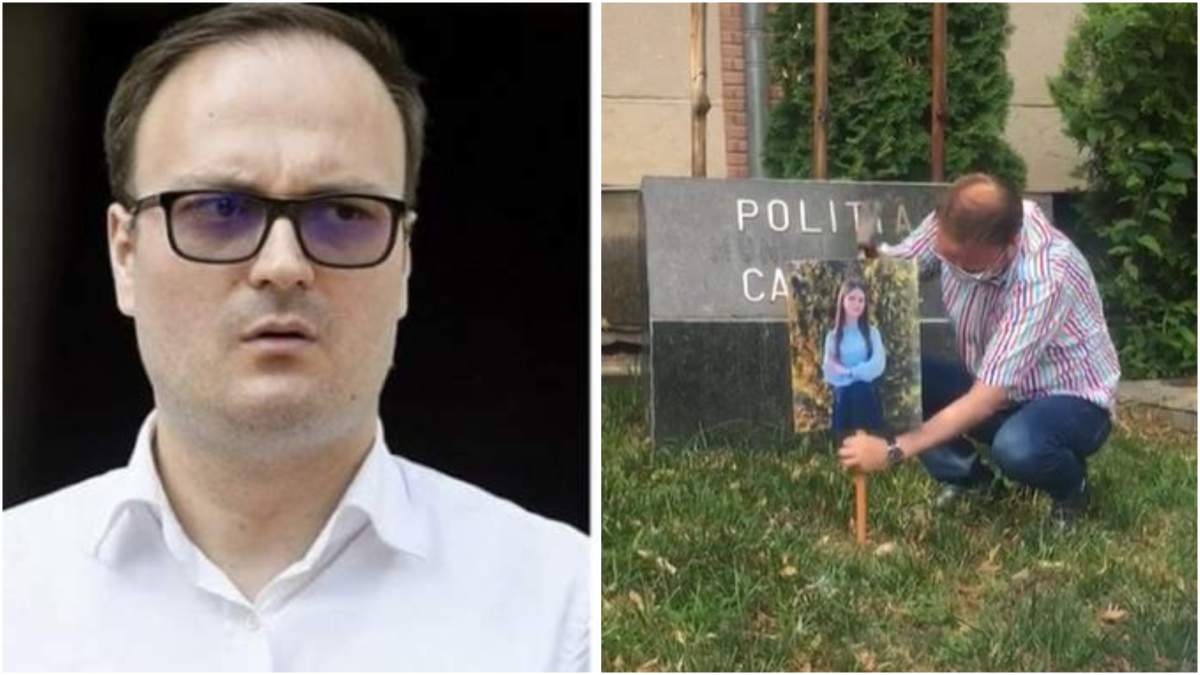 Colaj cu Alexandru Cumpănașu/ Alexandru Cumpănașu în timp ce bate un tablou cu numele Alexandrei Măceșanu.