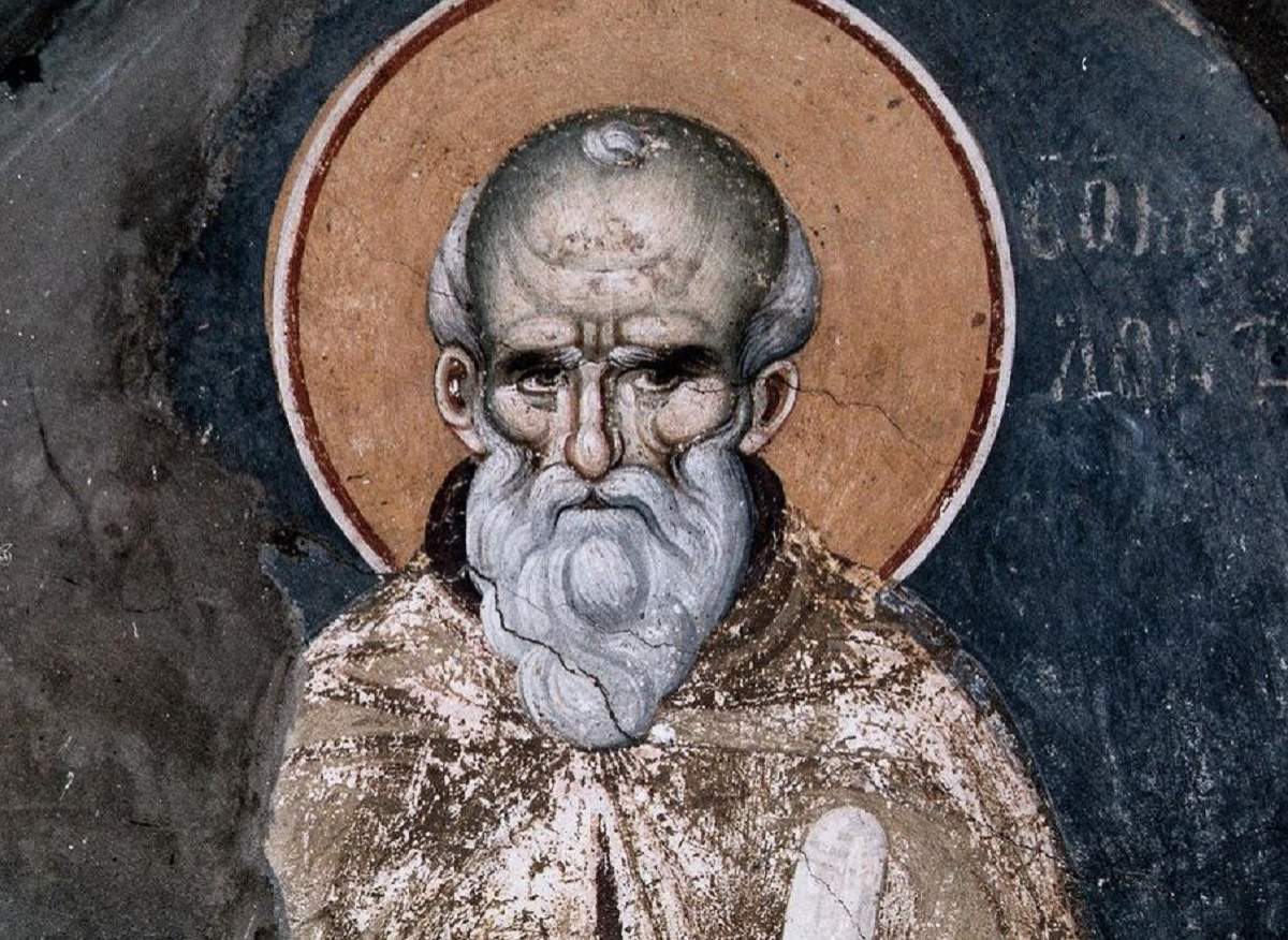 O icoană cu Sfântul Maxim Mărturisitorul! Acesta poartă veșminte gri și are în mână un pergament.