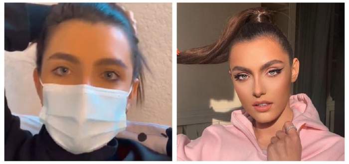 Un colaj cu Alexia Eram. În prima poză vedeta poartă mască de protecție și o bluză neagră, iar în a doua un hanorac roz.