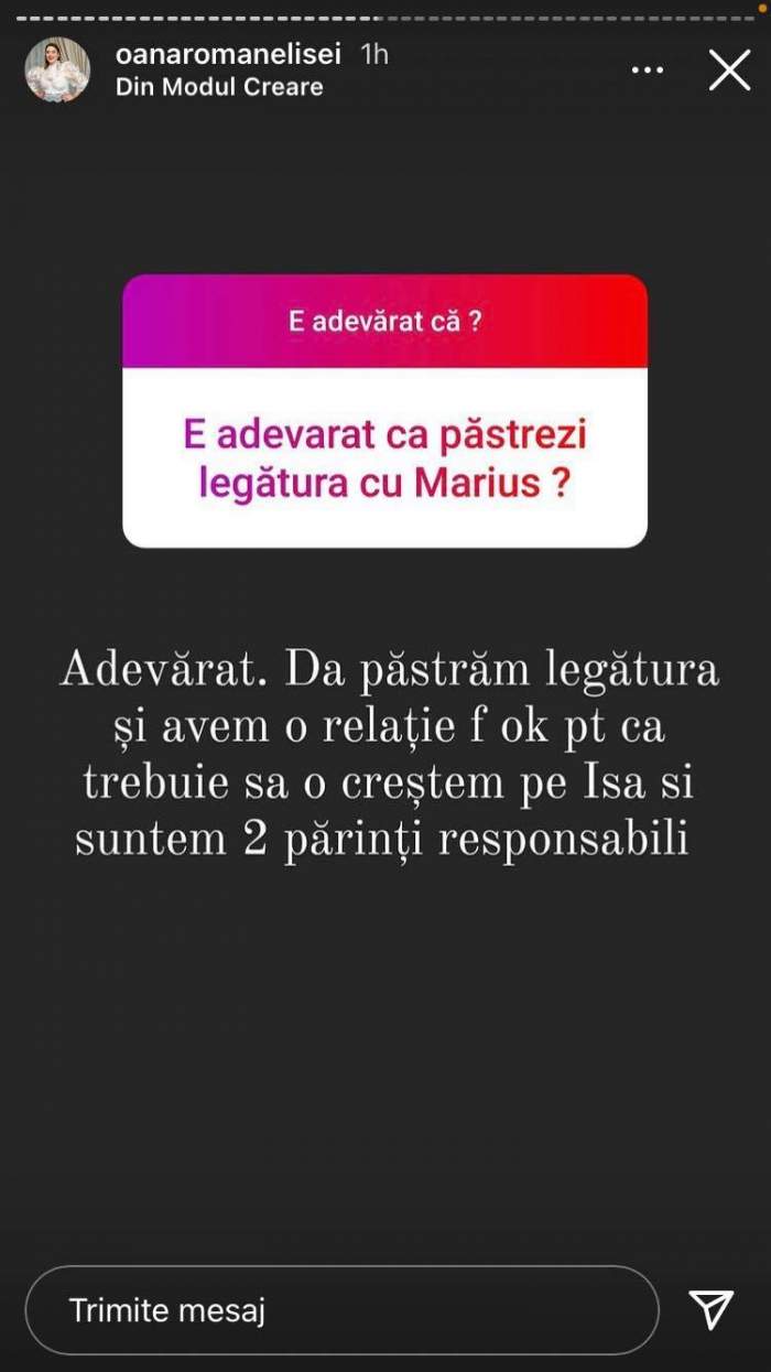 Oana Roman le-a dezvăluit fanilor că păstrează legătura cu Marius Elisei de dragul fiicei lor.