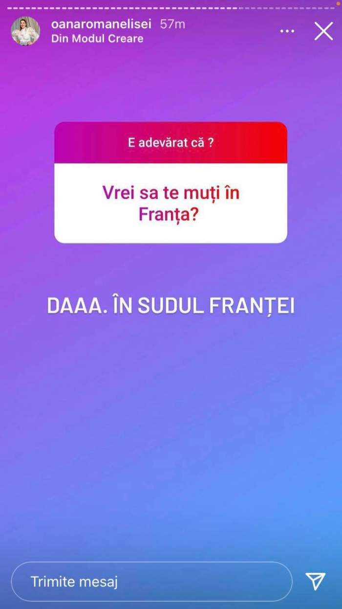 Oana Roman le-a dezvăluit fanilor de pe Instagram că vrea să se mute în Franța