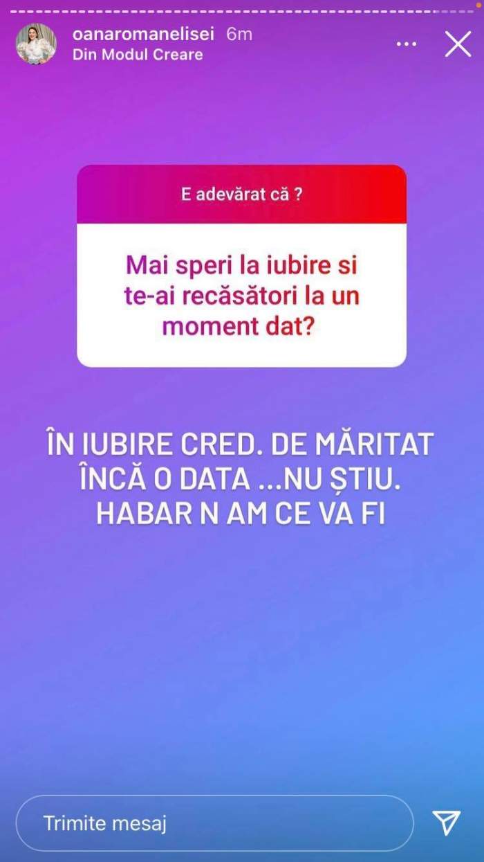 Oana Roman le-a spus fanilor de pe Instagram că mai crede în iubire