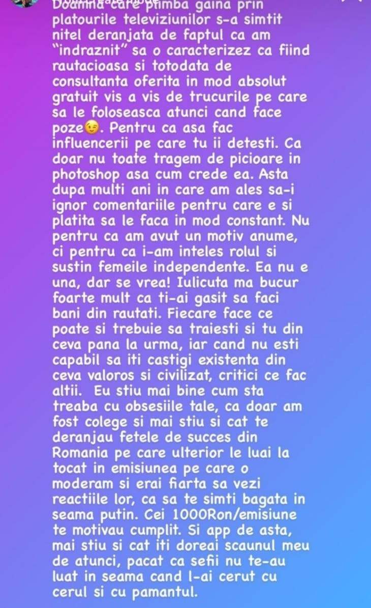 Mesajul prin care este criticată Iulia Albu