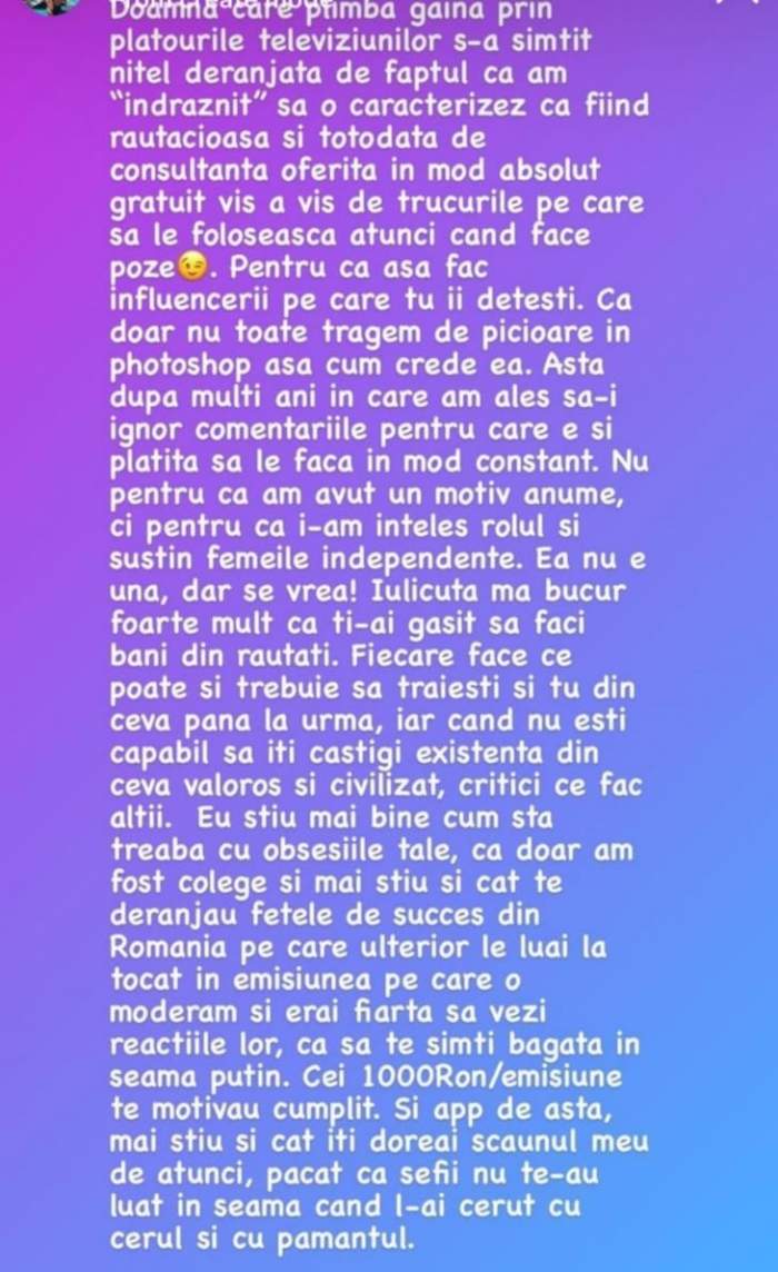 Mesajul prin care este criticată Iulia Albu