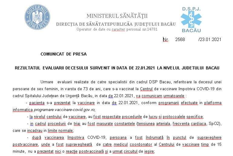 Documentul oficial al decesului provocat la Bacău