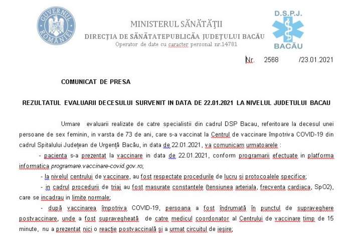 Documentul oficial al decesului provocat la Bacău