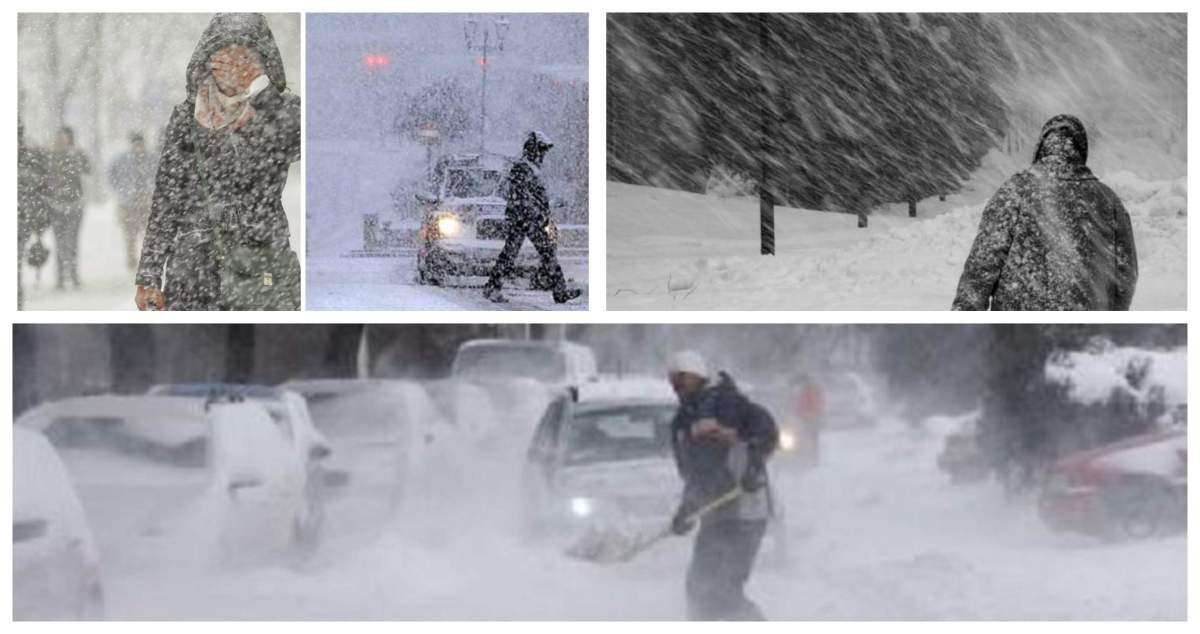 Colaj foto cu oameni care merg prin viscol și zăpadă