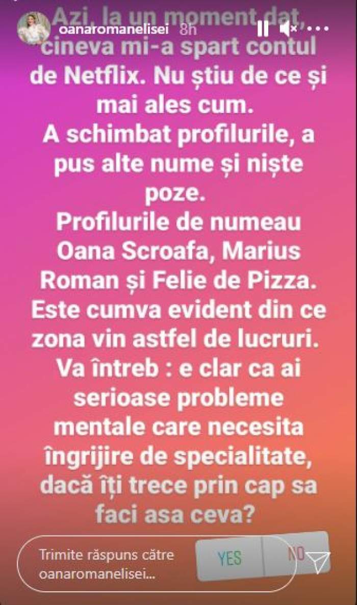 Captură cu mesajul postat de Oana Roman pe Instagram.