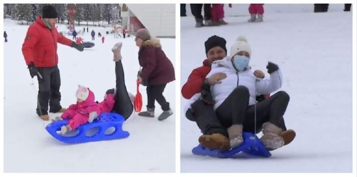 Un colaj cu Tavi Clonda și Gabriela Cristea. Cei doi se află pe pârtia de schi și se dau cu sani. În prima imagine, ea cade de pe sanie și ține un picior în aer.