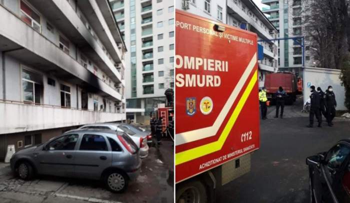 Colaj foto cu mașina de pompieri și spitalul Matei Balș