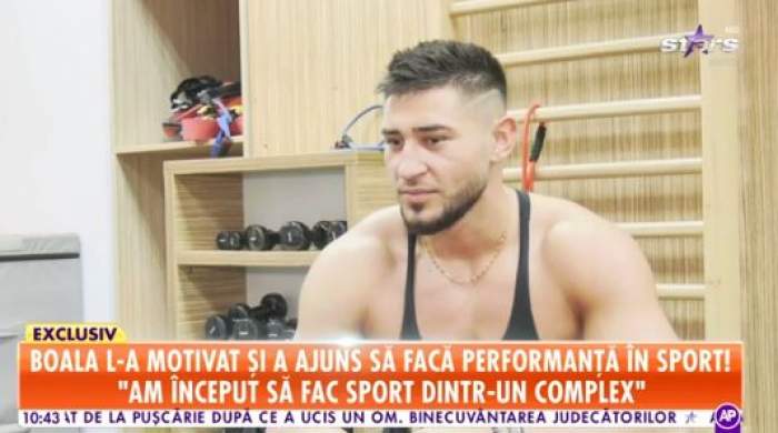 Bogdan Mocanu, în sala de sport, oferă un interviu pentru Antena Stars