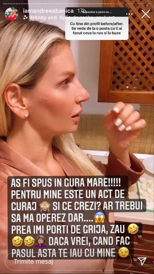 Andreea Bănică le-a spus fanilor de pe Instagram că are o deviație de sept. Artista poartă un halat maro.