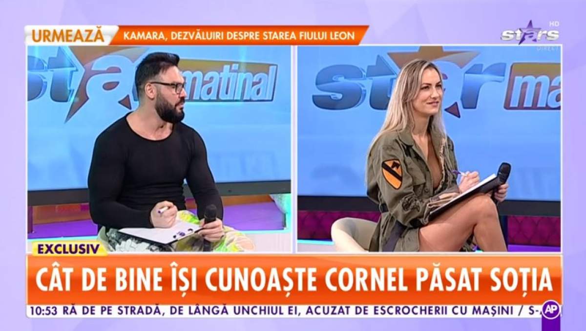 Cornel Pasat si Bianca stau pe canapeaua de la Star Matinal, se uita unul la celalalt