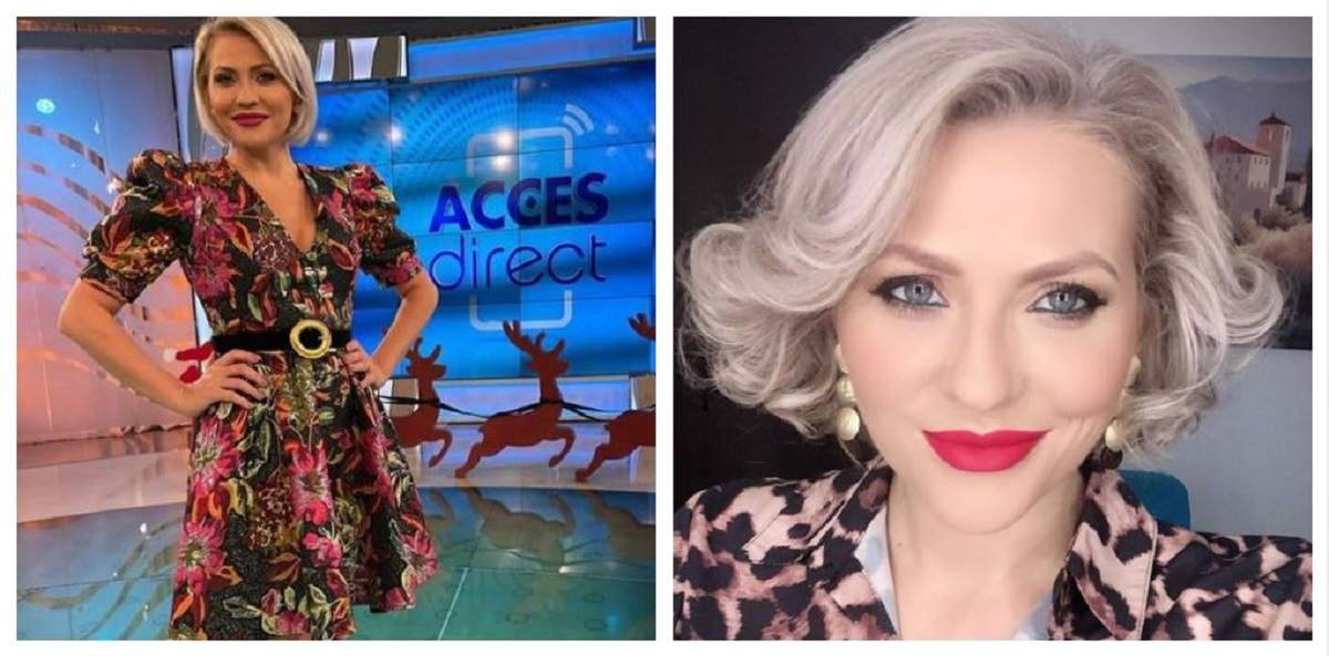 Un colaj cu Mirela Vaida. În prima imagine vedeta se află la Acces Direct și poartă o rochie înflorată, iar în a doua poză poartă o bluză cu animal print, într-un selfie.