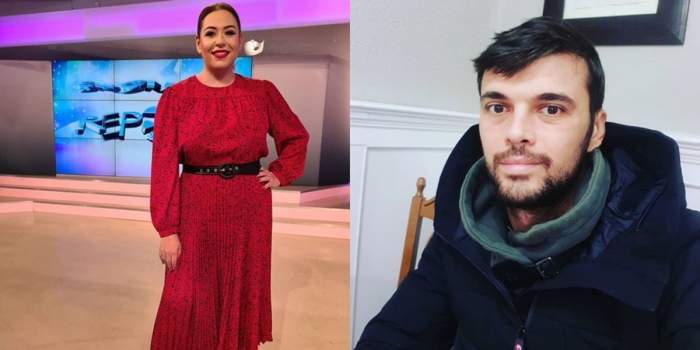 Oana Roman este in platou la Antena Stars, poarta o rochie rosie lunga, Marius Elisei poarta o jacheta neagra cu guler verde